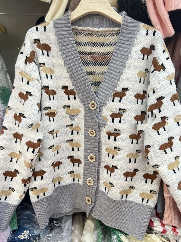 Karikatūra Drukas Trikotāžas Jaciņas Mēteļi Sievietēm Jauki Vienrindas Džemperis Jakas Korejiešu Brīvi Adījums Gilet Ikdienišķi jauni Malhas Topi