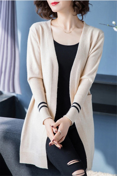 Pavasara rudens jaciņa Sieviešu korejiešu eleganta vidēja garuma trikotāža Jakas mamma ikdienas džemperis mēteļi brīvs džemperis klasisks adījums chaqueta