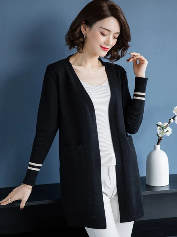 Pavasara rudens jaciņa Sieviešu korejiešu eleganta vidēja garuma trikotāža Jakas mamma ikdienas džemperis mēteļi brīvs džemperis klasisks adījums chaqueta