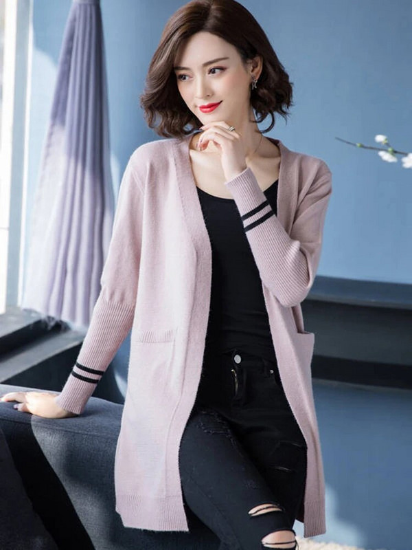 Pavasara rudens jaciņa Sieviešu korejiešu eleganta vidēja garuma trikotāža Jakas mamma ikdienas džemperis mēteļi brīvs džemperis klasisks adījums chaqueta