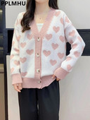 Kawaii Love Print Džemperis Mēteļi Sieviešu Ikdienišķs Brīvs Adījums Jakas Jakas V veida kakla silti Trikotāža Gilet Korejas Malhas Casaco Topi