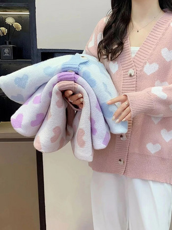 Παλτό πουλόβερ Kawaii Love Print Γυναικεία Ζακέτες Casual Loose πλεκτές Ζακέτες με λαιμόκοψη V Ζεστό πλεκτό Gilet Κορεάτικο Malhas Casaco τοπ