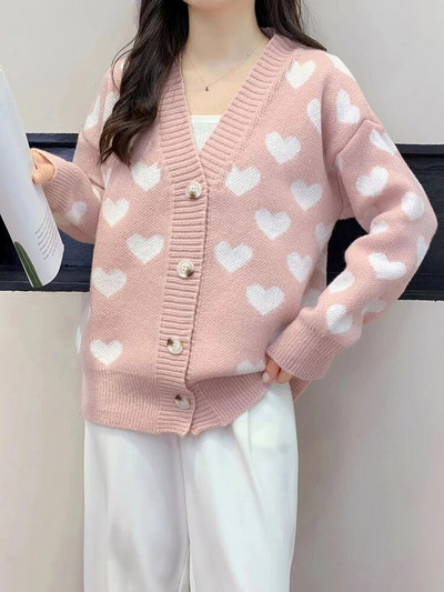 Kawaii Love Print Džemperis Mēteļi Sieviešu Ikdienišķs Brīvs Adījums Jakas Jakas V veida kakla silti Trikotāža Gilet Korejas Malhas Casaco Topi
