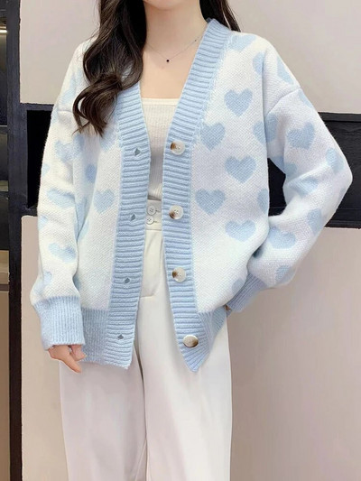 Kawaii Love Print Džemperis Mēteļi Sieviešu Ikdienišķs Brīvs Adījums Jakas Jakas V veida kakla silti Trikotāža Gilet Korejas Malhas Casaco Topi