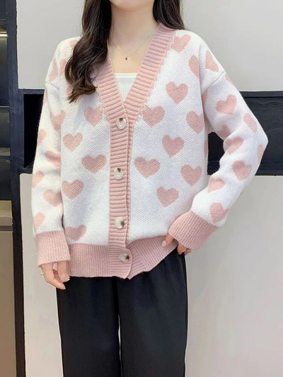 Kawaii Love Print Džemperis Mēteļi Sieviešu Ikdienišķs Brīvs Adījums Jakas Jakas V veida kakla silti Trikotāža Gilet Korejas Malhas Casaco Topi