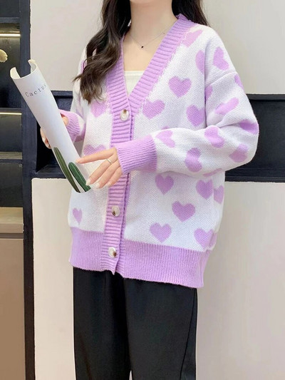 Kawaii Love Print Džemperis Mēteļi Sieviešu Ikdienišķs Brīvs Adījums Jakas Jakas V veida kakla silti Trikotāža Gilet Korejas Malhas Casaco Topi
