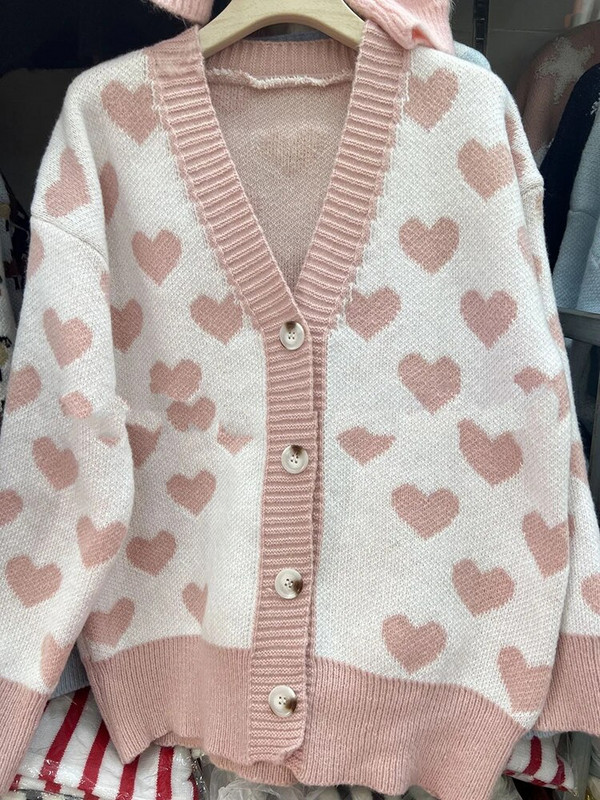 Kawaii Love Print Džemperis Mēteļi Sieviešu Ikdienišķs Brīvs Adījums Jakas Jakas V veida kakla silti Trikotāža Gilet Korejas Malhas Casaco Topi