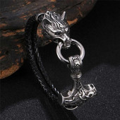 MKENDN Vikings Thor's Hammer Mjolnir Wolf Head 316L Nerūsējošais tērauds Vīriešu Ādas Rokassprādze Punk Rock Amulet Rotaslietas Pulseras