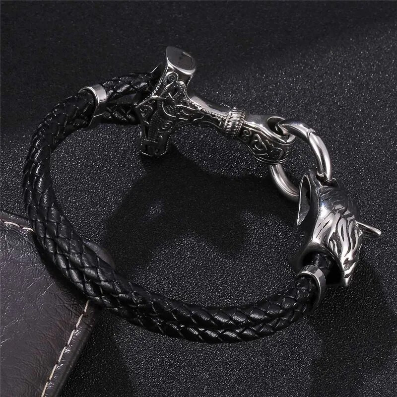MKENDN Vikings Thor's Hammer Mjolnir Wolf Head 316L Nerūsējošais tērauds Vīriešu Ādas Rokassprādze Punk Rock Amulet Rotaslietas Pulseras