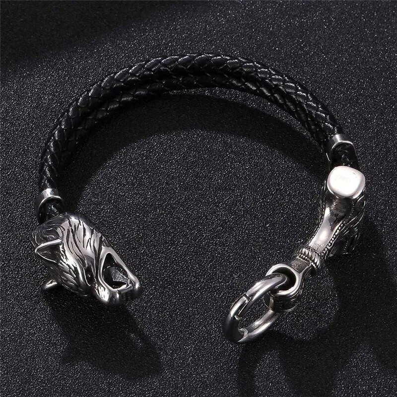 MKENDN Vikings Thor's Hammer Mjolnir Wolf Head 316L Nerūsējošais tērauds Vīriešu Ādas Rokassprādze Punk Rock Amulet Rotaslietas Pulseras