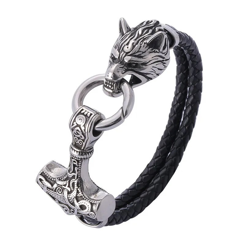 MKENDN Vikings Thor's Hammer Mjolnir Wolf Head 316L Nerūsējošais tērauds Vīriešu Ādas Rokassprādze Punk Rock Amulet Rotaslietas Pulseras