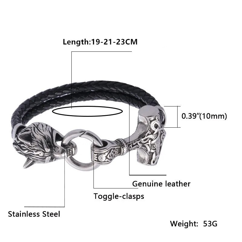 MKENDN Vikings Thor's Hammer Mjolnir Wolf Head 316L Nerūsējošais tērauds Vīriešu Ādas Rokassprādze Punk Rock Amulet Rotaslietas Pulseras