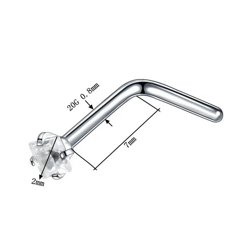 1PC Kvadrātveida dārgakmeņu deguna pīrsings, pīrsings, pīrsings, tērauds, kristāls, L forma, deguna, skrūvējams pīrsings.