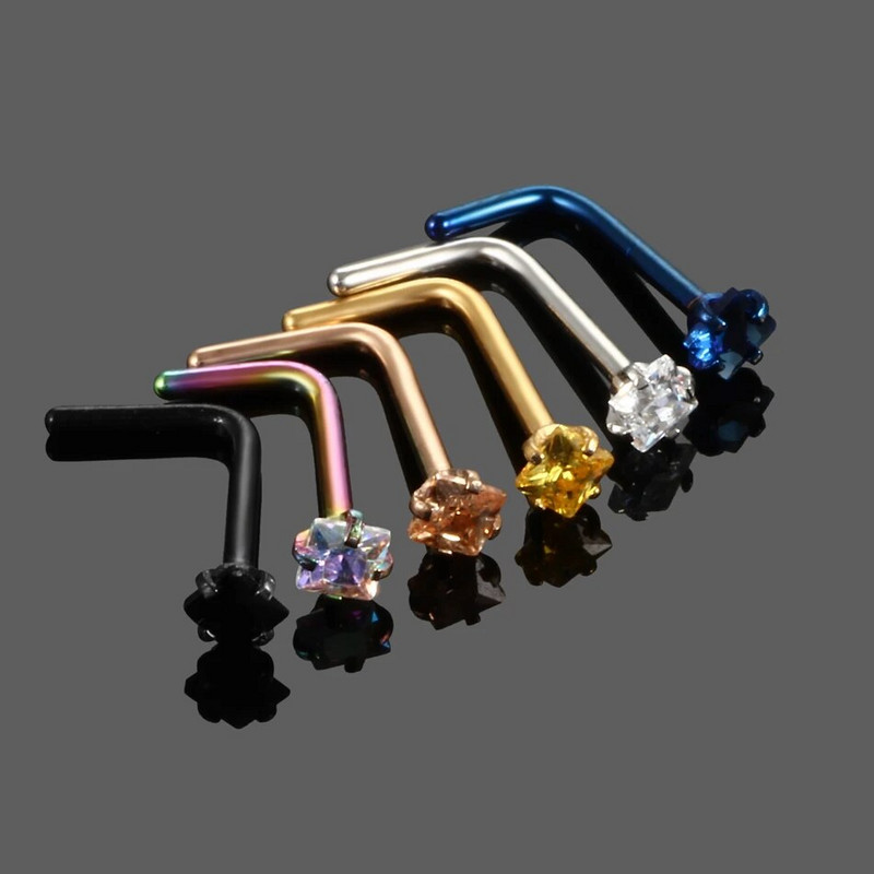 1PC Kvadrātveida dārgakmeņu deguna pīrsings, pīrsings, pīrsings, tērauds, kristāls, L forma, deguna, skrūvējams pīrsings.