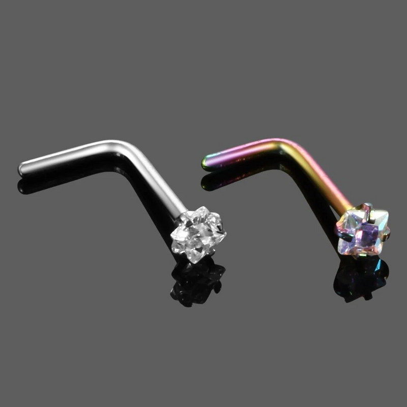 1PC Kvadrātveida dārgakmeņu deguna pīrsings, pīrsings, pīrsings, tērauds, kristāls, L forma, deguna, skrūvējams pīrsings.