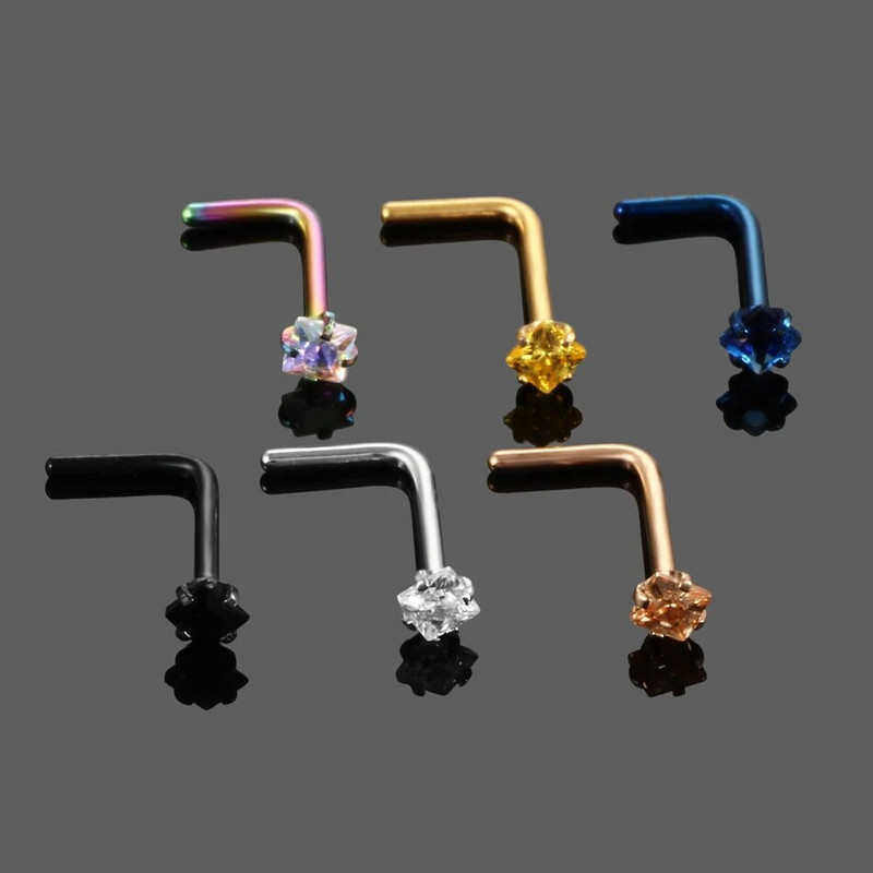 1PC Kvadrātveida dārgakmeņu deguna pīrsings, pīrsings, pīrsings, tērauds, kristāls, L forma, deguna, skrūvējams pīrsings.