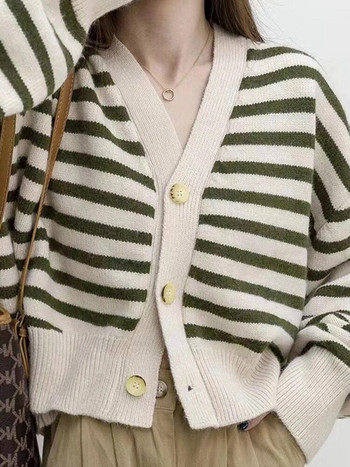 Streetwear ριγέ πλεκτό ζακέτα κοντά σακάκια Γυναικεία κορεάτικα φαρδιά πουλόβερ Gilet Casual πλεκτά παλτό με V λαιμόκοψη Νέα τοπ Malhas
