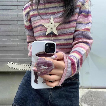 Японски пуловер с висока яка Y2k Karrram Vintage пуловер с дъгови райета Корейски моден плетен джъмпер Harajuku Grunge трикотаж