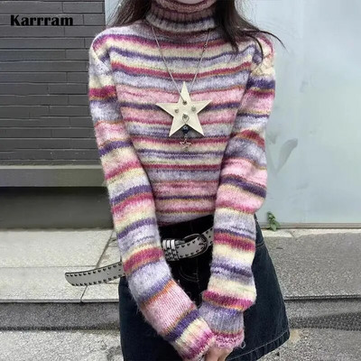 Karrram japán Y2k garbós pulóver Vintage szivárványos csíkos pulóver koreai divatos kötött pulóver Harajuku grunge kötöttáru