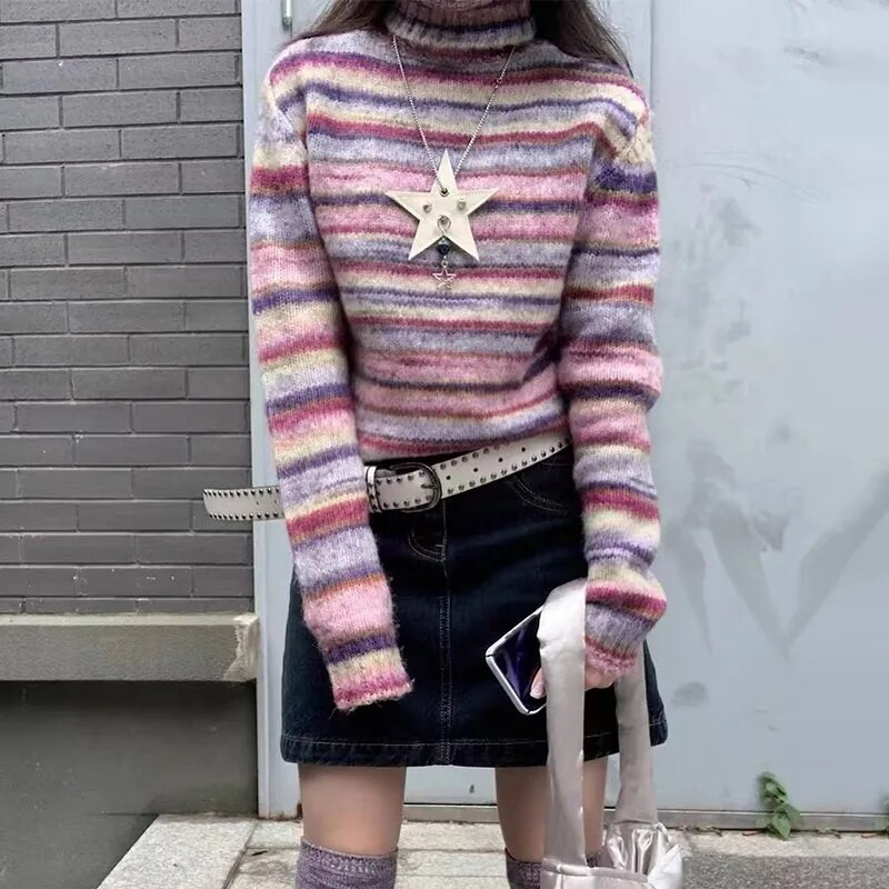 Karrram japán Y2k garbós pulóver Vintage szivárványos csíkos pulóver koreai divatos kötött pulóver Harajuku grunge kötöttáru