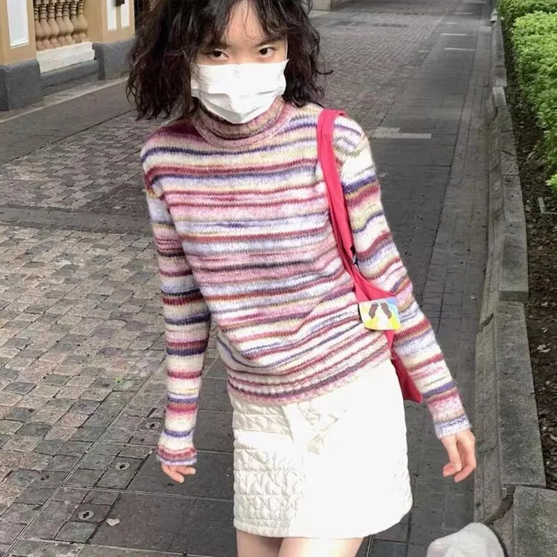 Karrram japán Y2k garbós pulóver Vintage szivárványos csíkos pulóver koreai divatos kötött pulóver Harajuku grunge kötöttáru