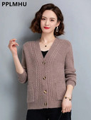 Πλεκτές ζακέτες μαμάς με λαιμόκοψη V-λαιμόκοψη Φθινοπωρινό χειμώνα Κομψά πλεκτά μπλουζάκια casual πουλόβερ Γυναικεία παλτό Νέο μονό στήθος Gilet