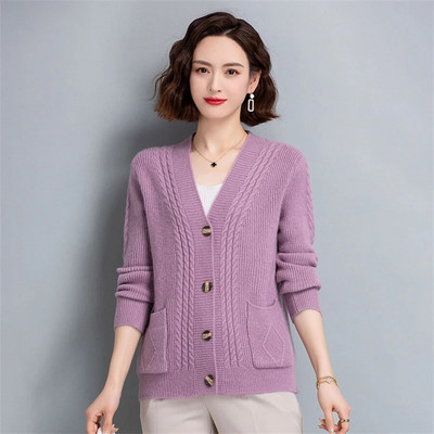 Πλεκτές ζακέτες μαμάς με λαιμόκοψη V-λαιμόκοψη Φθινοπωρινό χειμώνα Κομψά πλεκτά μπλουζάκια casual πουλόβερ Γυναικεία παλτό Νέο μονό στήθος Gilet