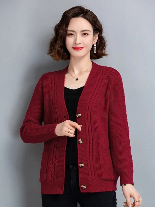 Πλεκτές ζακέτες μαμάς με λαιμόκοψη V-λαιμόκοψη Φθινοπωρινό χειμώνα Κομψά πλεκτά μπλουζάκια casual πουλόβερ Γυναικεία παλτό Νέο μονό στήθος Gilet