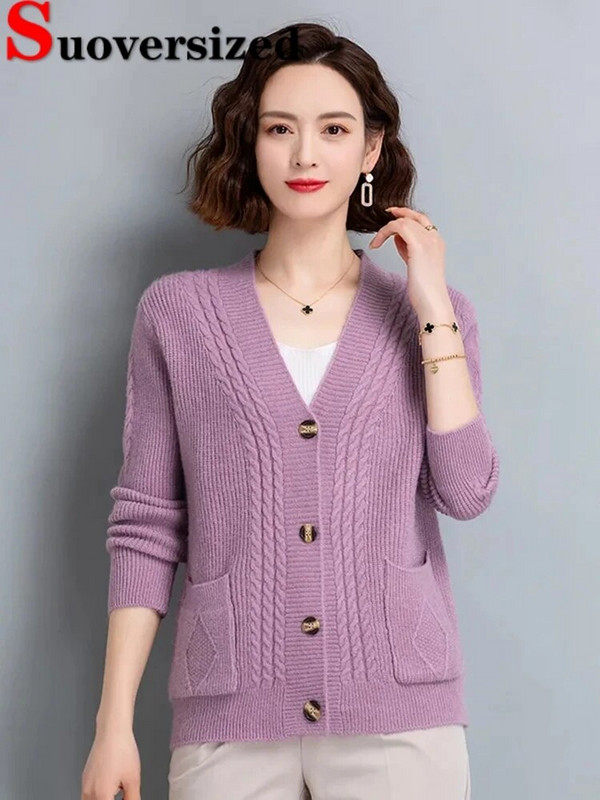 Πλεκτές ζακέτες μαμάς με λαιμόκοψη V-λαιμόκοψη Φθινοπωρινό χειμώνα Κομψά πλεκτά μπλουζάκια casual πουλόβερ Γυναικεία παλτό Νέο μονό στήθος Gilet