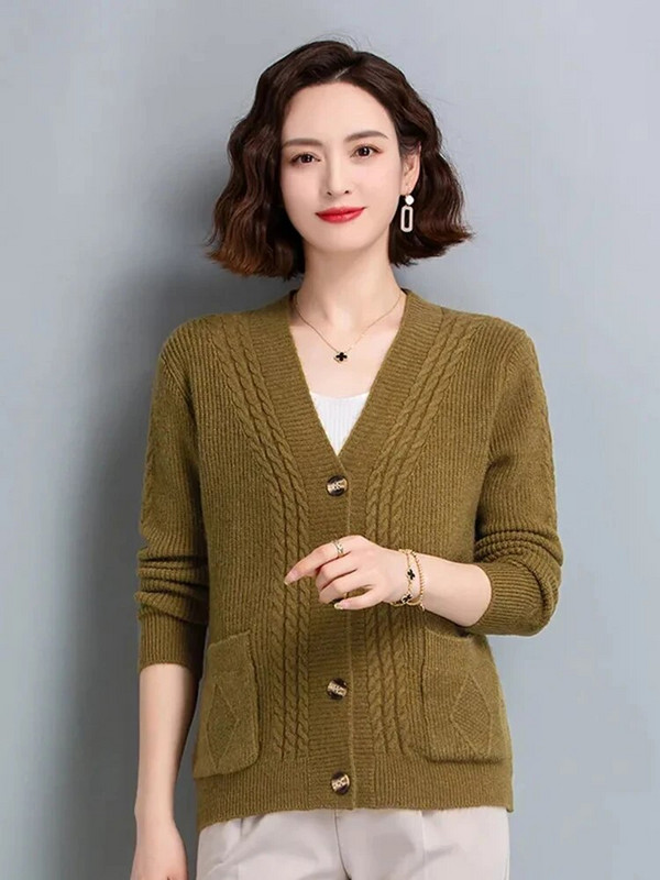 Πλεκτές ζακέτες μαμάς με λαιμόκοψη V-λαιμόκοψη Φθινοπωρινό χειμώνα Κομψά πλεκτά μπλουζάκια casual πουλόβερ Γυναικεία παλτό Νέο μονό στήθος Gilet