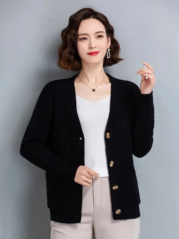 Πλεκτές ζακέτες μαμάς με λαιμόκοψη V-λαιμόκοψη Φθινοπωρινό χειμώνα Κομψά πλεκτά μπλουζάκια casual πουλόβερ Γυναικεία παλτό Νέο μονό στήθος Gilet