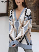 Ielu apģērbi brīvi Argyle rūtaini džemperi Sieviešu gadījuma vidēja garuma trikotāžas jakas V veida kakla izgriezuma trikotāžas apģērbi, jauni Malhas topi