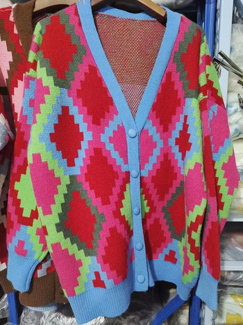 Streetwear Свободни Argyle карирани пуловери Палта Дамски ежедневни плетени жилетки със средна дължина Якета V-образно деколте Kntwear Gilet New Malhas Tops