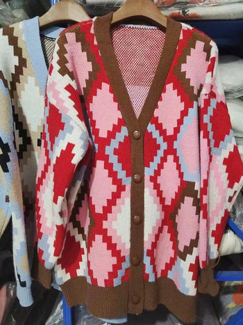 Streetwear Χαλαρά Argyle καρό πουλόβερ Γυναικεία casual μεσαίου μήκους πλεκτά ζακέτα με λαιμόκοψη V-λαιμόκοψη Kntwear Gilet New Malhas μπλουζάκια