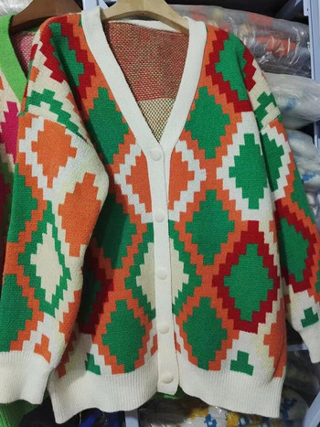 Streetwear Свободни Argyle карирани пуловери Палта Дамски ежедневни плетени жилетки със средна дължина Якета V-образно деколте Kntwear Gilet New Malhas Tops