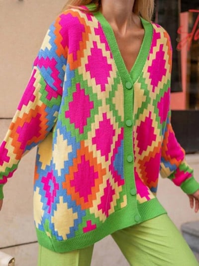 Ielu apģērbi brīvi Argyle rūtaini džemperi Sieviešu gadījuma vidēja garuma trikotāžas jakas V veida kakla izgriezuma trikotāžas apģērbi, jauni Malhas topi