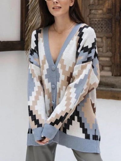 Ielu apģērbi brīvi Argyle rūtaini džemperi Sieviešu gadījuma vidēja garuma trikotāžas jakas V veida kakla izgriezuma trikotāžas apģērbi, jauni Malhas topi