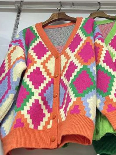 Ielu apģērbi brīvi Argyle rūtaini džemperi Sieviešu gadījuma vidēja garuma trikotāžas jakas V veida kakla izgriezuma trikotāžas apģērbi, jauni Malhas topi