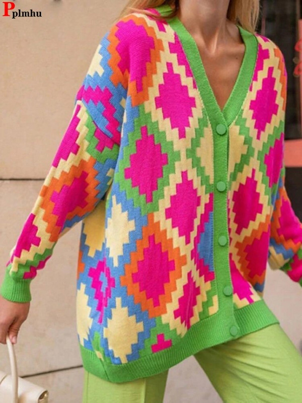 Ielu apģērbi brīvi Argyle rūtaini džemperi Sieviešu gadījuma vidēja garuma trikotāžas jakas V veida kakla izgriezuma trikotāžas apģērbi, jauni Malhas topi