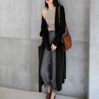 Gari adīti jaciņa mēteļi Sieviešu korejiešu ikdienišķa trikotāža Gilet ar garām piedurknēm brīvas Malhas jakas Sping Fall džemperu topi Abrigos