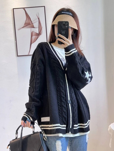 Zvaigžņu izšūts džemperis jaciņš Sieviešu ikdienas brīvs V veida kakla adījums Biezs silts Malhas jakas Retro trikotāža Gilet rudens ziemas topi