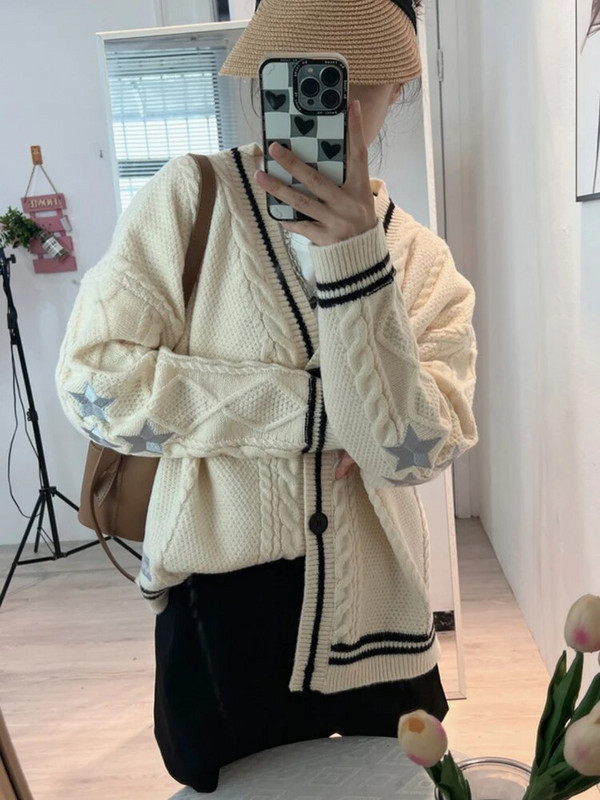 Zvaigžņu izšūts džemperis jaciņš Sieviešu ikdienas brīvs V veida kakla adījums Biezs silts Malhas jakas Retro trikotāža Gilet rudens ziemas topi