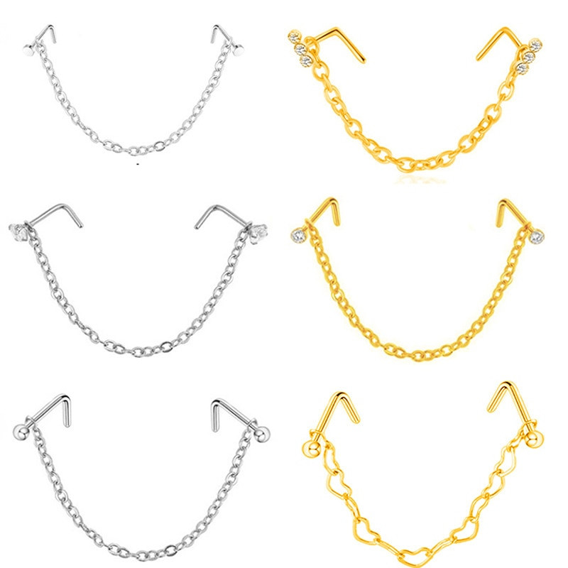 Διπλό Δαχτυλίδι Piercing Μύτη Μύτη Αλυσίδα Μύτη Ζιργκόν από ανοξείδωτο ατσάλι Μπουφί μύτης