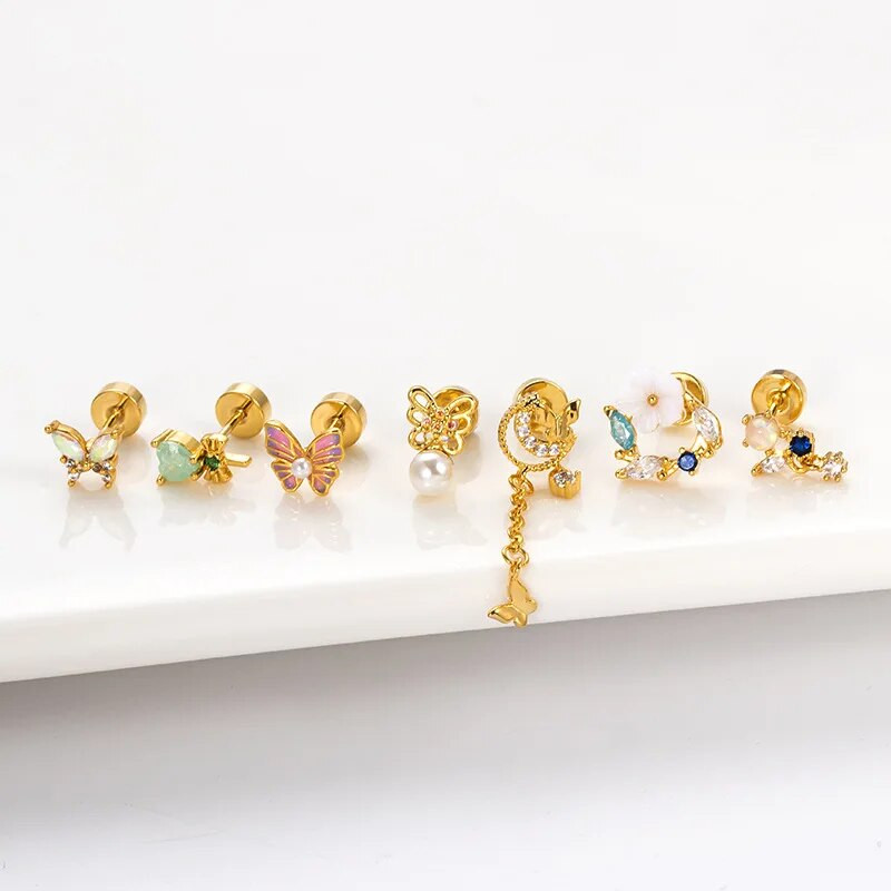 1 gab. Pērļu emaljas tauriņš skrimšļa auskari no nerūsējošā tērauda ziedu mēness pušķu auskari plakanā mugurā Hliex pīrsinga rotaslietas