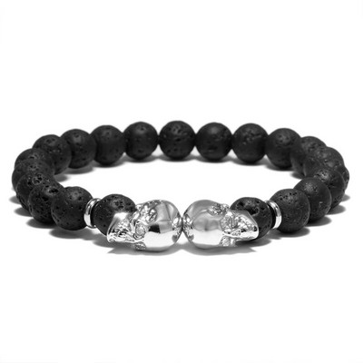 Panka dubultā galvaskausa galvas dizaina krelles rokassprādze 4 krāsu dabīgā akmens fāzēm lavas rokassprādze vīriešiem motociklistu aproce rotaslietas Homme