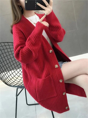 Χαλαρές πλεκτές ζακέτες μεσαίου μήκους Casual μακρυμάνικα μπλουζάκια Κορεατικά πλεκτά Gilet Νέα γυναικεία κομψά ανοιξιάτικα πουλόβερ