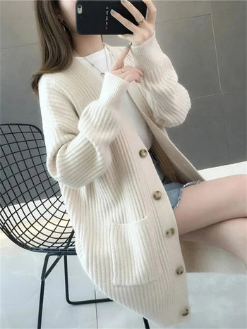 Свободни плетени жилетки със средна дължина Ежедневни топове с дълъг ръкав Корейски модни трикотажни жилетки Нови дамски елегантни пролетни пуловери