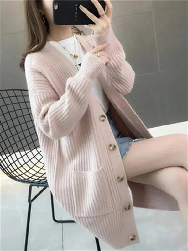 Brīvi vidēja garuma trikotāžas jakas Ikdienas topi ar garām piedurknēm korejiešu modes trikotāžas apģērbi, jauni sieviešu eleganti pavasara džemperi