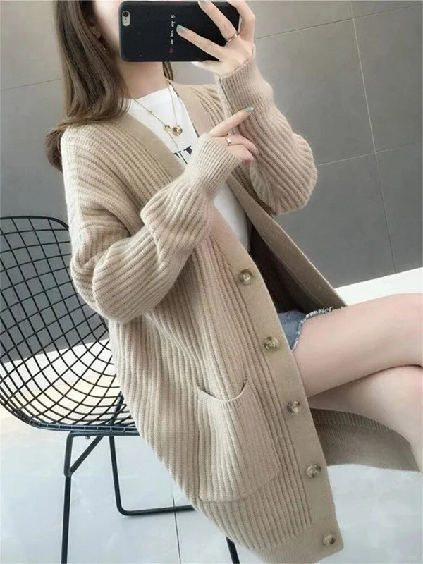 Brīvi vidēja garuma trikotāžas jakas Ikdienas topi ar garām piedurknēm korejiešu modes trikotāžas apģērbi, jauni sieviešu eleganti pavasara džemperi