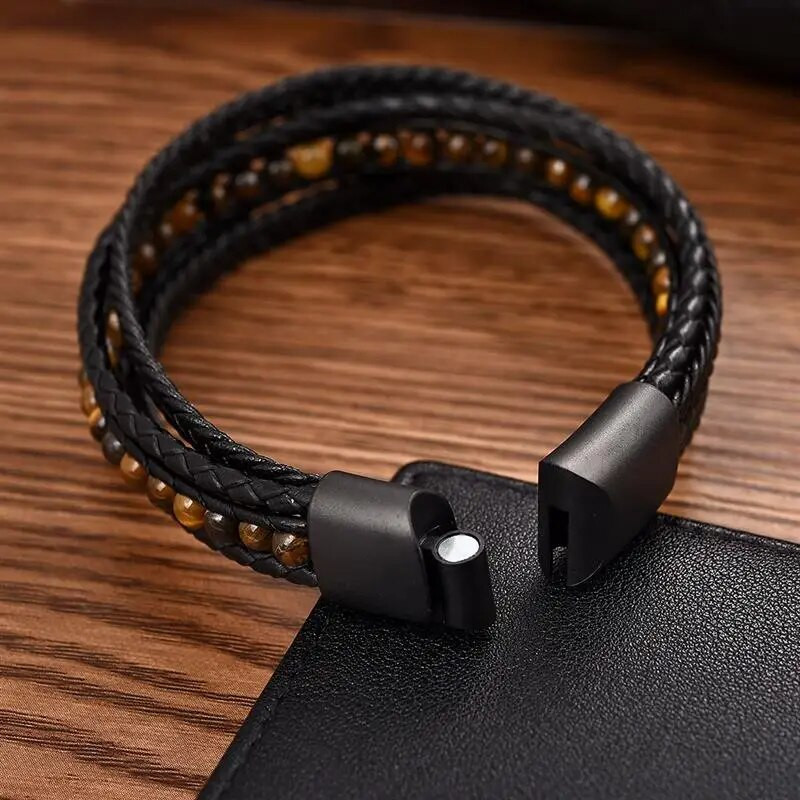 Jaunas dabīgā akmens krelles vīriešu rokassprādzes Daudzslāņu ādas rokassprādzes panku rotaslietas nerūsējošā tērauda magnētiskās aizdares rokassprādzes dāvana